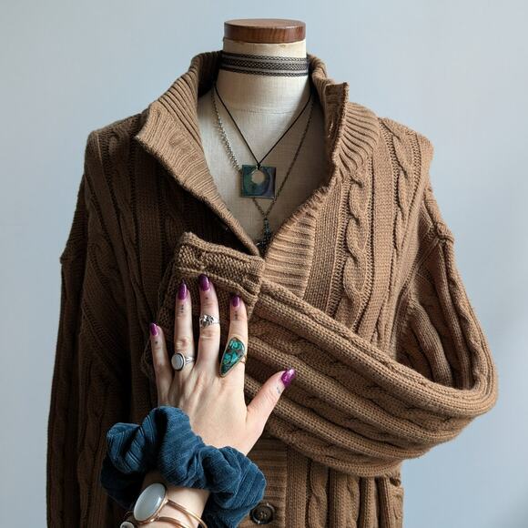 Vintage Brown Cable Knit Cardigan Chunky Grandpa Cosby Sweater Minimalist XL - Picture 3 of 10